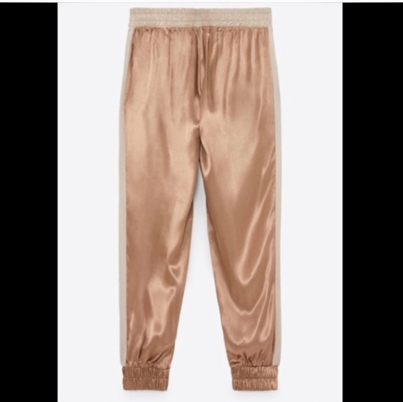 ZARA Satin Joggers. Tan with white side panel. Size XS - Picture 6 of 14